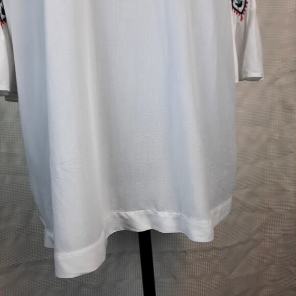 LOFT VISCOSE WOMEN'S L TOP WHITE EMBROIDERY 3/4 BELL SLEEVE PHEASANT BOHO - Picture 4 of 12